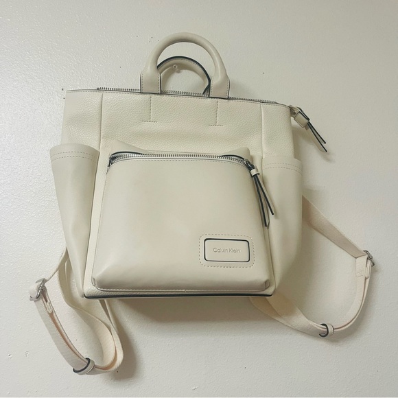 Calvin Klein Cream Faux Leather Backpack – Minimalist Everyday Bag - Picture 1 of 5